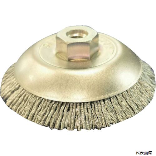 【特長】 ●カップ型同様に使用されますが作業箇所や対象ワーク形状によってはベベル型が有効な場合に使用します。 ●高いバランス基準で製品化しておりますので、腕への振動も少なく高速回転作業に適しております。 ●硬鋼線を亜鉛メッキしてヨリ加工をした毛材です。 ●強力な研削力と耐折損性に優れています。 【用途】 ●各種金属製品の錆、汚れ除去 ●溶接前後処理のクリーニング ●造船、橋梁等のタンク及びドラムの磨き ●塗料剥離 ●溶接ビートや頑固なバリ除去 【仕様】 ●外径(mm)：85 ●線径(mm)：0.3 ●毛材：BRH-0.3亜鉛メッキより線 ●ねじ径：M10 ●最高使用回転数(rpm)：13000 ●毛丈：15 【材質／仕上】 ●BRH-0.3亜鉛メッキより線(Φ1.2) 【注意】 ●電動工具のそれぞれねじ径にあったブラシをご使用ください。 ●最後まできっちりとねじ込み、又はナットでの締め付けができていることをご使用前に必ず確認してください。 ●マグネット/マジック等に取り付けてのご使用は絶対におやめください。 【入数】 ●1個 他のサイズはこちら 在庫のない商品は検索に表示されない場合がございます