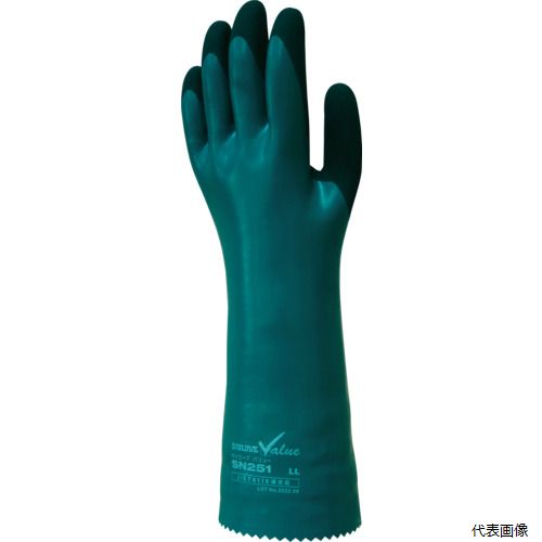 【特長】 ●ガソリンや潤滑油等の油類、各種薬品類に強いニトリルゴム製です。 ●手のひら部の厚さ1.7mm、破れにくく耐久性、物性強度に優れています。 ●裏地に耐切創繊維を使用しており、高い耐切創性を有します（EN388：2016 レベルC）。 ●手のひら部の特殊スベリ止め加工で、優れたグリップ力を発揮します。 【用途】 ●金属加工、機械加工、切削加工、ガラス加工、自動車関連、建築建設関連、油作業など。 【仕様】 ●色：グリーン ●サイズ：L ●全長(cm)：35.0 ●手のひら周り(cm)：21.6 ●中指長さ(cm)：8.1 ●厚さ(mm)：1.75 ●裏布付 ●耐切創 ●JIS T 8116：2005適合 ●使用可能薬品：n-ヘキサン、メタノール、IPA、機械油等 【材質／仕上】 ●表：ニトリルゴム ●裏：ナイロン、ポリエステル、ポリエチレン、ガラス繊維、その他 【入数】 ●1双 他のサイズはこちら 在庫のない商品は検索に表示されない場合がございます