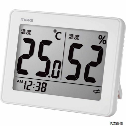 【特長】 ●時計表示もついた便利な小型温湿度計です。 【用途】 ●部屋の環境状態を3種類の注意マークでお知らせ 【仕様】 ●測定温度範囲(℃)：-9.9〜50 ●温度最小表示(℃)：-9.9 ●測定湿度範囲(%RH)：10〜95 ●湿度最小表示(%RH)：10％RH ●測定項目：温度、湿度 ●色：ホワイト ●幅(mm)：95 ●奥行(mm)：22 ●高さ(mm)：75 ●時刻表示、環境目安表示(インフルエンザ/熱中症/乾燥)、電池交換お知らせ表示 【材質／仕上】 ●プラスチック、ガラス 【セット内容／付属品】 ●取扱説明書、保証書 【入数】 ●1個 他のサイズはこちら 在庫のない商品は検索に表示されない場合がございます