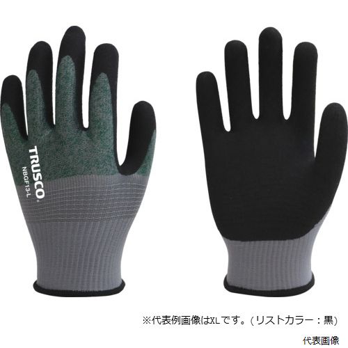 【特長】 ●手袋がずれにくいコンプレッションゴムを採用しており、素手感覚のフィット感を実現します。 ●油に強く耐久性も高いニトリルコーティングしており、指先感覚が必要な細かい組立、検品など精密作業に適します。 ●背抜き構造により蒸れにくく、快適に作業を続けられます。 ●コーティングの耐久性が高く、作業の負荷に強い設計で長くご使用いただけます。 ●バイカラーのユニセックスデザインです。 ●4サイズ展開、リストカラーでサイズ判別できます。 【用途】 ●金属部品加工、機械オペレーション、機械部品製造組み立て 【仕様】 ●色：グリーン/グレー ●サイズ：L ●全長(cm)：24.5 ●手のひら周り(cm)：19.2 ●中指長さ(cm)：8.1 ●厚さ(mm)：1.3 ●ゲージ数：13 ●リストカラー：グレー ●13ゲージ編 ●すべり止め付 【材質／仕上】 ●繊維部：ポリエステル ●すべり止め部：ニトリルゴム 【入数】 ●1双 他のサイズはこちら 在庫のない商品は検索に表示されない場合がございます