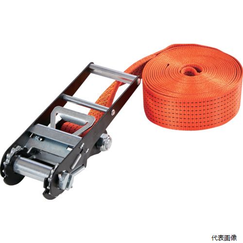 【特長】 ●ラチェット式（歯車式）で強力タイプのベルト荷締機です。 ●ワイドハンドル採用により、握りやすく、力が入れやすいので作業性が向上しております。 ●ポリエステル素材のベルトは、引張強度・耐久性・防腐性に優れ、長く安心してご使用いただけます。 【用途】 ●トラック輸送時などでの荷崩れ防止。 ●パレット積載時の安全な輸送または集積の安全確保に。 ●木工製品・家具・引越荷物などの傷を嫌う製品の輸送に。 ●鋼管やビニールパイプ等の結束に。 【仕様】 ●最大使用荷重(t)：4.070 ●ベルト長さ(m)巻取側：8 ●ベルト寸法(mm)幅×厚さ：75×3.4 ●色：オレンジ ●両端形状：エンドレス ●ベルト幅(mm)：75 ●ベルト厚さ(mm)：3.4 ●ベルト長さ（m)：8 ●JIS規格品 【材質／仕上】 ●ベルト：ポリエステル ●ラチェットバックル：スチール 【入数】 ●1台 他のサイズはこちら 在庫のない商品は検索に表示されない場合がございます