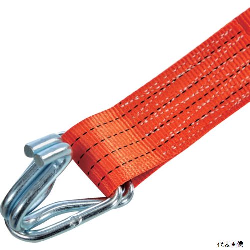 【特長】 ●ラチェット式（歯車式）で強力タイプのベルト荷締機です。 ●ワイドハンドル採用により、握りやすく、力が入れやすいので作業性が向上しております。 ●ポリエステル素材のベルトは、引張強度・耐久性・防腐性に優れ、長く安心してご使用いただけます。 【用途】 ●トラック輸送時などでの荷崩れ防止。 ●パレット積載時の安全な輸送または集積の安全確保に。 ●木工製品・家具・引越荷物などの傷を嫌う製品の輸送に。 ●鋼管やビニールパイプ等の結束に。 【仕様】 ●最大使用荷重(t)：0.764 ●ベルト長さ(m)巻取側：5 ●ベルト長さ(m)固定側：1 ●ベルト寸法(mm)幅×厚さ：50×2.2 ●色：オレンジ ●両端形状：フック＆キーパー ●ベルト幅(mm)：50 ●ベルト厚さ(mm)：2.2 ●JIS相当品 【材質／仕上】 ●ベルト：ポリエステル ●ラチェットバックル：スチール 【入数】 ●1台 他のサイズはこちら 在庫のない商品は検索に表示されない場合がございます