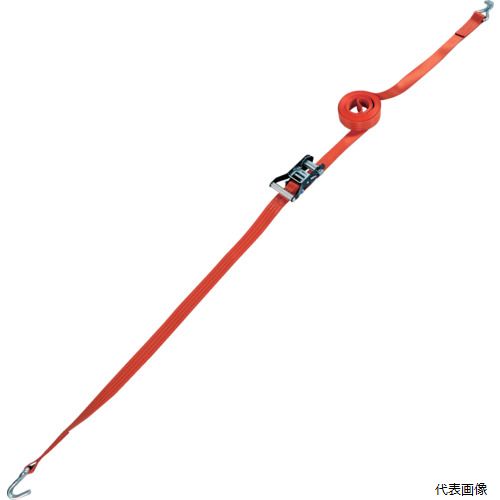 【特長】 ●ラチェット式（歯車式）で強力タイプのベルト荷締機です。 ●ワイドハンドル採用により、握りやすく、力が入れやすいので作業性が向上しております。 ●ポリエステル素材のベルトは、引張強度・耐久性・防腐性に優れ、長く安心してご使用いただけます。 【用途】 ●トラック輸送時などでの荷崩れ防止。 ●パレット積載時の安全な輸送または集積の安全確保に。 ●木工製品・家具・引越荷物などの傷を嫌う製品の輸送に。 ●鋼管やビニールパイプ等の結束に。 【仕様】 ●最大使用荷重(t)：0.509 ●ベルト長さ(m)巻取側：4.5 ●ベルト長さ(m)固定側：1 ●ベルト寸法(mm)幅×厚さ：35×2 ●色：オレンジ ●両端形状：Jフック ●ベルト幅(mm)：35 ●ベルト厚さ(mm)：2 ●JIS規格品 【材質／仕上】 ●ベルト：ポリエステル ●ラチェットバックル：スチール 【入数】 ●1台 他のサイズはこちら 在庫のない商品は検索に表示されない場合がございます