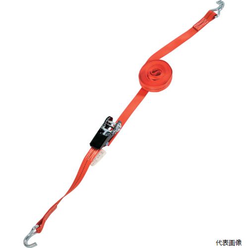 【特長】 ●ラチェット式（歯車式）で強力タイプのベルト荷締機です。 ●ポリエステル素材のベルトは、引張強度・耐久性・防腐性に優れ、長く安心してご使用いただけます。 【用途】 ●トラック輸送時などでの荷崩れ防止。 ●パレット積載時の安全な輸送または集積の安全確保に。 ●木工製品・家具・引越荷物などの傷を嫌う製品の輸送に。 ●鋼管やビニールパイプ等の結束に。 【仕様】 ●最大使用荷重(t)：0.127 ●ベルト長さ(m)巻取側：4.5 ●ベルト長さ(m)固定側：0.5 ●ベルト寸法(mm)幅×厚さ：25×1.5 ●色：オレンジ ●両端形状：Jフック ●ベルト幅(mm)：25 ●ベルト厚さ(mm)：1.5 ●JIS規格品 ●製品破断強度(KN):5 【材質／仕上】 ●ベルト:ポリエステル ●ラチェットバックル:スチール 【入数】 ●1台 関連品はこちら 在庫のない商品は検索に表示されない場合がございます