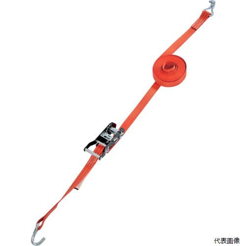 【特長】 ●ラチェット式（歯車式）で強力タイプのベルト荷締機です。 ●ワイドハンドル採用により、握りやすく、力が入れやすいので作業性が向上しております。 ●ポリエステル素材のベルトは、引張強度・耐久性・防腐性に優れ、長く安心してご使用いただけます。 【用途】 ●トラック輸送時などでの荷崩れ防止。 ●パレット積載時の安全な輸送または集積の安全確保に。 ●木工製品・家具・引越荷物などの傷を嫌う製品の輸送に。 ●鋼管やビニールパイプ等の結束に。 【仕様】 ●最大使用荷重(t)：0.254 ●ベルト長さ(m)巻取側：4.5 ●ベルト長さ(m)固定側：0.5 ●ベルト寸法(mm)幅×厚さ：25×1.8 ●色：オレンジ ●両端形状：Jフック ●ベルト幅(mm)：25 ●ベルト厚さ(mm)：1.8 ●JIS規格品 【材質／仕上】 ●ベルト：ポリエステル ●ラチェットバックル：スチール 【入数】 ●1台 他のサイズはこちら 在庫のない商品は検索に表示されない場合がございます