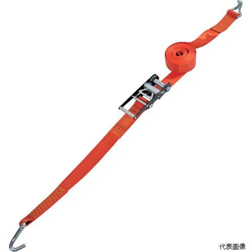 【特長】 ●ラチェット式（歯車式）で強力タイプのベルト荷締機です。 ●ワイドハンドル採用により、握りやすく、力が入れやすいので作業性が向上しております。 ●ポリエステル素材のベルトは、引張強度・耐久性・防腐性に優れ、長く安心してご使用いただけます。 【用途】 ●トラック輸送時などでの荷崩れ防止。 ●パレット積載時の安全な輸送または集積の安全確保に。 ●木工製品・家具・引越荷物などの傷を嫌う製品の輸送に。 ●鋼管やビニールパイプ等の結束に。 【仕様】 ●最大使用荷重(t)：2.030 ●ベルト長さ(m)巻取側：7 ●ベルト長さ(m)固定側：1 ●ベルト寸法(mm)幅×厚さ：75×3.4 ●色：オレンジ ●両端形状：Jフック ●ベルト幅(mm)：75 ●ベルト厚さ(mm)：3.4 ●JIS規格品 【材質／仕上】 ●ベルト：ポリエステル ●ラチェットバックル：スチール 【入数】 ●1台 他のサイズはこちら 在庫のない商品は検索に表示されない場合がございます