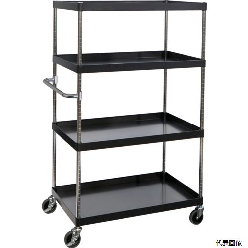【特長】 ●棚板は表・裏両面使え、ワンタッチブッシュの採用で組み立ても簡単です。※ブラック色は抗菌タイプではありません。 ●省音キャスターを使用した静かで滑らかな使い心地のパイプ式ワゴンです。 【用途】 ●工場・倉庫・店舗等 ●工具や書類などの小物の収納・保管に。 【仕様】 ●最大積載量(kg/台)：150 ●均等積載量(kg/段)：100 ●色：ブラック ●間口(mm)：990 ●奥行(mm)：600 ●高さ(mm)：1500 ●段数(段)：4 ●支柱径(mm)：25.4 ●キャスター径(mm)：100 ●こぼれ止め高さ(mm)：50 ●棚板調整ピッチ(mm)：25 ●キャスター：自在式100mm(2個)自在式(ストッパー付)100mm(2個) 【材質／仕上】 ●本体：スチール（塗装部：粉体塗装） ●ハンドル、支柱：スチール(クロムメッキ) ●キャスター金具：スチール ●車輪：エラストマー（省音タイプ） 【注意】 ●ブラック色は抗菌粉体塗装ではありません。 【入数】 ●1台 他のサイズはこちら 在庫のない商品は検索に表示されない場合がございます