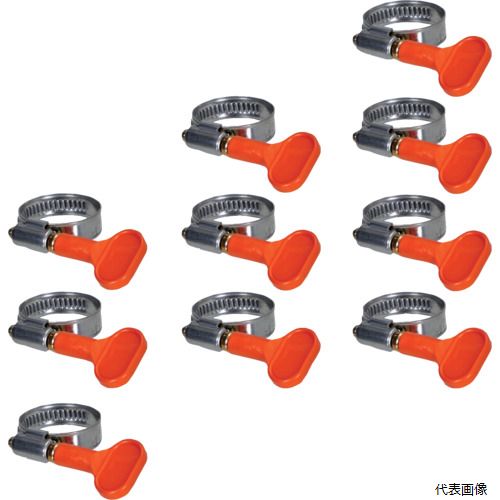 【特長】 ●樹脂製ハンドルのため締め付けが非常に簡単です。 ●工具が不要で使いやすい手締めタイプです。 【用途】 ●一般工場、自動車関連はもちろん、あらゆる配管の締付に。 ●吐出口・継手などに差し込んだホースの抜け防止・固定に。 【仕様】 ●最大径(mm)：16 ●最小径(mm)：10 ●バンド幅(mm)：9.7 ●厚さ(mm)：0.7 ●締付トルク(N・m)：1 ●ねじサイズL：M4.6×29.3 ●最大締付力(N)：1.1 ●キャップ色：オレンジ 【材質／仕上】 ●バンド：ステンレス（SUS304） ●ハンドル部：POM（ポリアセタール樹脂） ●スクリュー部：亜鉛めっき 【入数】 ●1箱/10個 他のサイズはこちら 在庫のない商品は検索に表示されない場合がございます