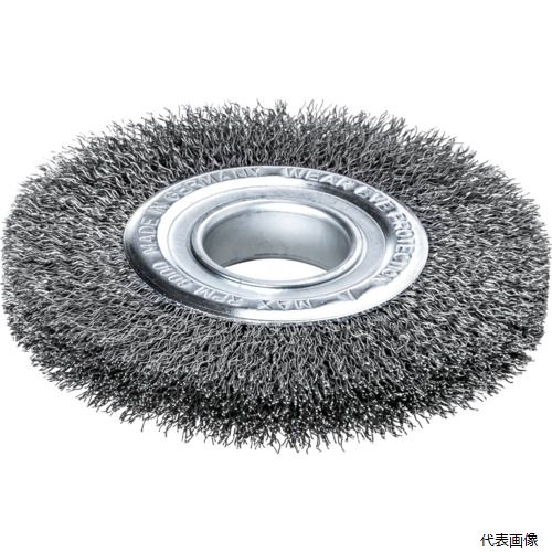 【特長】 ●高品位の線材を使用しており、耐久性に優れ、長寿命です。 ●幅広いサイズ展開で、様々なアプリケーションに適しています。 【用途】 ●金属製品のバリ取り、サビ落とし。 ●カラーや錆落とし作業等に。 ●溶接継目の処理に。 【仕様】 ●外径(mm)：100 ●線径(mm)：0.3 ●厚さ(mm)：29 ●毛材：鋼 ●毛丈(mm)：23 ●最高使用回転数(rpm)：8000 ●鋼線0.3mm ●付属アダプターを使用することで内径を変更可能(mm)：30、25.4、22.2、20、16、12.7、12 【材質／仕上】 ●毛材：鋼線 ●金具：スチール 【注意】 ●いかなる場合でも、ブラシ使用時には安全のため、保護防具を着用のこと。 ●使用回転数の範囲内で作業をすること。 【入数】 ●1個 他のサイズはこちら 在庫のない商品は検索に表示されない場合がございます　