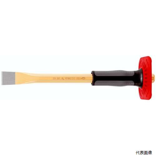 【特長】 ●高品質の鋼材を使用した、チゼルです。 ●抜群の耐久性と高い作業性を発揮します。 ●ハンドガードは握りやすさの向上と打ち損じ時のケガの防止に役立ちます。 【用途】 ●鉄板や石の切断、ハツリ作業など。 【仕様】 ●刃幅(mm)：26 ●全長(mm)：350 ●刃先幅(mm)：26 ●タイプ：ストレート ●八角胴径(mm)：18 ●ハンドガード：あり ●八角胴タイプ ●ハンドガード付 【材質／仕上】 ●クロムバナジウム鋼 ●樹脂 【入数】 ●1本 他のサイズはこちら 在庫のない商品は検索に表示されない場合がございます　