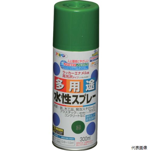 【特長】 ●油性塗料や、発泡スチロールに塗っても下地を侵さず、いろいろな素材に使用できます。 ●油性塗料や発泡スチロールに塗っても下地を侵さず、いろいろな素材に使用できます。 【用途】 ●発泡スチロール、プラスチック(アクリル、硬質塩ビ、ABS、スチロール)、鉄、木、ブロック、紙、ガラスなどに。 【仕様】 ●色：緑 ●容量(L)：0.3 ●乾燥時間：40分〜50分(夏期)、1〜2時間(冬期) ●塗り重ね回数：2 ●塗布面積(［［M2］］)：0.6〜1(タタミ0.4〜0.6枚分) ●塗布面積：0.6〜1.0［［M2］］ ●だ円吹き(パターン変更ノズル付) 【材質／仕上】 ●水溶性アクリル樹脂 【注意】 ● 【保管上の注意】直射日光のあたるところ、自転車内などの温度の高くなるところ、容器がさびやすいことろには置かないで下さい。 【入数】 ●1本 他のサイズはこちら 在庫のない商品は検索に表示されない場合がございます　