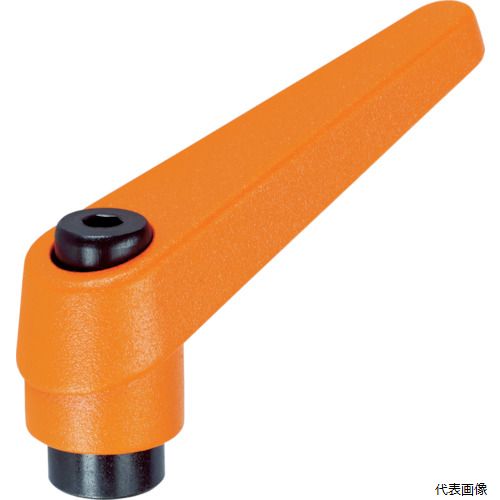 【特長】 ●位置調節付クランピングレバーです。 ●レバーを引き上げると内部の噛み合いが離れ任意の位置に動かすことができ、レバーを離せば噛み合います。 【仕様】 ●ねじ寸法：M6×1.00 ●ねじ深さ(mm)：8 ●回し半径(mm)：45 ●めねじタイプ 【材質／仕上】 ●ねじ：スチール ●レバー：亜鉛ダイカスト ●表面処理：樹脂塗装(オレンジRAL2004相当つや消し) 【注意】 ●提供不可：chemSHERPA、SDS、ミルシート 【入数】 ●1個 他のサイズはこちら 在庫のない商品は検索に表示されない場合がございます　