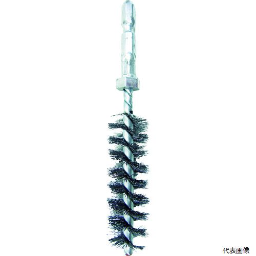 【特長】 ●六角軸タイプなので電動工具に簡単に装着できます。 ●異径線を使用。丸線ネジリブラシの約4倍の軸強度です。 ●ドライバーに装着しやすいストップナット付きです。 ●先端は緩衝用に樹脂加工しています。 【用途】 ●ステンレス、アルミ製品などの内径研磨、バリ取り。 ●使用工具：電気ドリル・インパクトドライバー 【仕様】 ●線径(mm)：0.2 ●全長(mm)：120 ●外径(mm)：19 ●ブラシ部長さ(mm)：60 ●毛材：ワイヤー(硬鋼線) ●最高使用回転数(rpm)：2000 ●毛丈(mm)：約7.5 ●ブラシ部軸径(mm)：4 ●シャンク径：6.35mm ●芯線：φ2.0(異径線)2本ネジリ ●ストップナット(六角)幅：10mm 【材質／仕上】 ●軸：スチール（SPHC） ●毛材：ワイヤー（硬鋼線） 【注意】 ●エアーツールは使用不可です。 ●正回転で使用してください。 ●提供不可：chemSHERPA、SDS、ミルシート 【入数】 ●1本 他のサイズはこちら 在庫のない商品は検索に表示されない場合がございます　