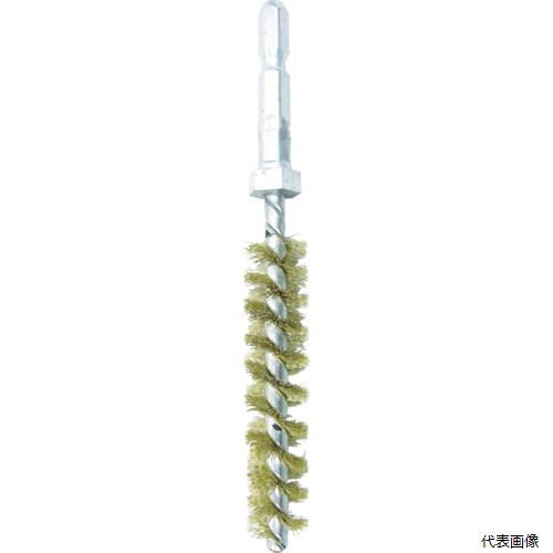 【特長】 ●六角軸タイプなので電動工具に簡単に装着できます。 ●異径線を使用。丸線ネジリブラシの約4倍の軸強度です。 ●ドライバーに装着しやすいストップナット付きです。 ●先端は緩衝用に樹脂加工しています。 【用途】 ●ステンレス、アルミ製品などの内径研磨、バリ取り。 ●使用工具：電気ドリル・インパクトドライバー 【仕様】 ●線径(mm)：0.15 ●全長(mm)：120 ●外径(mm)：13 ●ブラシ部長さ(mm)：60 ●毛材：真鍮 ●最高使用回転数(rpm)：2000 ●毛丈(mm)：約4.5 ●ブラシ部軸径(mm)：4 ●シャンク径：6.35mm ●芯線：φ2.0(異径線)2本ネジリ ●ストップナット(六角)幅：10mm 【材質／仕上】 ●軸：スチール（SPHC） ●毛材：真鍮 【注意】 ●エアーツールは使用不可です。 ●正回転で使用してください。 ●提供不可：chemSHERPA、SDS、ミルシート 【入数】 ●1本 他のサイズはこちら 在庫のない商品は検索に表示されない場合がございます　