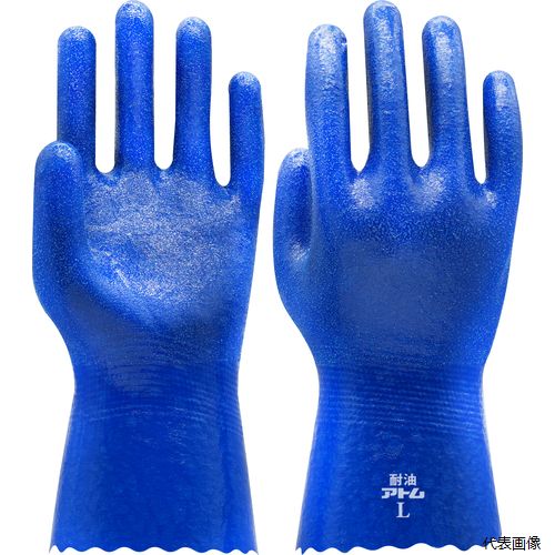 【特長】 ●柔軟性があり手にフィットするシームレス手袋を使用した、油に強い手袋です。 ●耐引裂き、耐摩耗性に優れており、耐久性に優れています。 ●油に強いニトリルゴムを全面コーティングしています。 【用途】 ●機械工業 ●化学工業 ●漁業 ●水産加工 ●コンクリート加工業 ●その他油作業全般に 【仕様】 ●色：ブルー ●サイズ：L ●全長(cm)：26±1 ●手のひら周り(cm)：23.6±0.6 ●中指長さ(cm)：8.4±0.5 ●厚さ(mm)：※ ●梱包数：120双(5双×24) 【材質／仕上】 ●表：ニトリルゴム ●裏：綿100％ 【注意】 ●炎・火花・高温の蒸気等、熱いものに直接触れないでください。やけどの恐れがあります。 ●電気作業には使用しないでください。感電の恐れがあります。 ●鋭利な刃物、ガラスや金属等のバリを強く握らないでください。切創事故を起こす恐れがあります。 ●回転体作業には使用しないでください。手袋が巻き込まれてケガをする恐れがあります。 ●体質によってはかゆみ・かぶれ・発疹等を起こす場合があります。異常を感じられたら使用を中止してください。 【入数】 ●1双 他のサイズはこちら 在庫のない商品は検索に表示されない場合がございます　