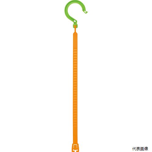 【特長】 ●繰り返し使える幅15mmのフック付き結束バンドです。 ●フックは360度回転しますので、何でも束ねて吊るせます。 【用途】 ●整理収納、アウトドアやレジャーに。 ●邪魔なコードをまとめて束ねたり、荷物の簡易固定に。 【仕様】 ●最大結束径(mm)：70 ●全長(mm)：400 ●色：オレンジ ●厚さ(mm)：17 ●長さ(m)：388 ●幅(mm)：82 ●フック径(mm)：φ50 ●有効結束径(mm)：φ30〜100 ●長さ(mm)：400 ●連続耐荷重(kg)：10 ●バンド：15mm ●連続耐荷重：10kg 【材質／仕上】 ●ナイロン6 【入数】 ●1本 他のサイズはこちら 在庫のない商品は検索に表示されない場合がございます　