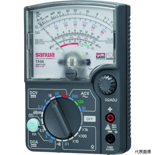【特長】 ●自動車測定にも対応の30Aレンジです。 ●12V用車載バッテリー用です。 ●目盛が見やすいスタンド機能付きです。 ●スケール目盛りと使用レンジの色分けで視認性が向上します。 ●導通確認ブザーレンジ付きです。 ●12V専用のバッテリーチェック機能で正確に良否判定が可能です。 【用途】 ●自動車メンテナンスに。 ●電子工作に。 【仕様】 ●直流電圧(V)：60 ●交流電圧(V)：300 ●直流電流(A)：30 ●抵抗(Ω)：2M ●電源(V)：単3乾電池(R6P)×2本(モニタ電池付属) ●幅(mm)：97 ●奥行(mm)：38 ●高さ(mm)：142 ●バッテリーチェック：12V車載バッテリー用 ●導通チェック：開放電圧：3V ●校正書類：対応可能 ●バッテリチェック：12Vバッテリー用 ●テストリード(TL-91)付き ●自動車測定にも対応したDC30Aまでの測定が可能 ●12V専用バッテリーチェック機能付き ●予備用ヒューズ(F0020)1本付き ●ヒューズの仕様：Φ6.4×30mm　250V/3A/IR300Aガラス管（F0020） 【セット内容／付属品】 ●取扱説明書 ●テストリードTL-91 ●予備用ヒューズ（F0020）×1本 【注意】 ●6kVAを超える電力ラインでは使用しないこと。 ●最大定格入力値を超える信号は入力しないこと。 ●本体やテストリードが損傷している場合は使用しないこと。 ●測定中はテストリードのつばよりテストピン側を持たないこと。 ●測定中は他のファンクションまたは他のレンジに切り換えたり、プラグを差し換えたりしないこと。 【入数】 ●1台 他のサイズはこちら 在庫のない商品は検索に表示されない場合がございます　