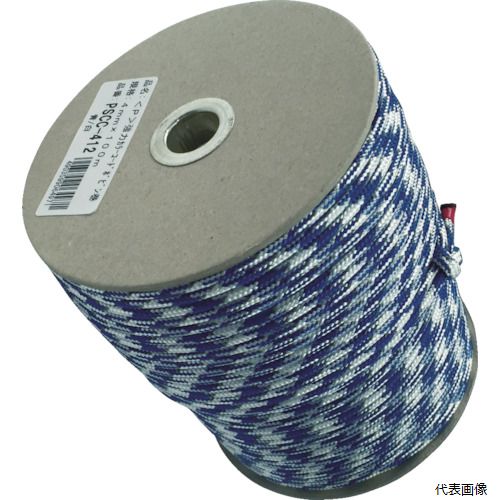 【特長】 ●アウトドア、サバイバル用としてご使用いただけます。 【用途】 ●各種結束。 ●色：青／白 ●線径(mm)：4 ●長さ(m)：100 ●包装形態：ボビン巻 ●強度(kN)：約4.90(約500kgf) ●引張強度：約4.9kN(500Kgf) 【材質／仕上】 ●被覆部分：ポリエステル ●中芯：ナイロン 【入数】 ●1巻 他のサイズはこちら 在庫のない商品は検索に表示されない場合がございます　