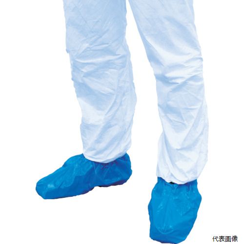 【特長】 ●防水性に優れています。 【用途】 ●衛生用品用。 【仕様】 ●色：青 ●適合靴サイズ(cm)：フリー ●サイズ：フリー ●全長(cm)：34 ●高さ(mm)：170 ●すべり止めなし ●靴底寸法：約34cm ●履き口にゴム入り 【材質／仕上】 ●塩化ポリエチレン 【注意】 ●耐熱性、防炎性はありません。 【入数】 ●1Pk/50足 他のサイズはこちら 在庫のない商品は検索に表示されない場合がございます　