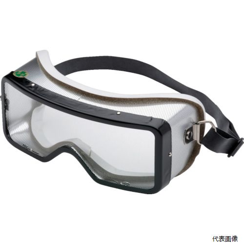 【特長】 ●耐熱・耐薬品用のゴーグルです。 【用途】 ●耐熱・耐薬品用。 【仕様】 ●レンズ色：クリア ●フレーム色：ブラック/シルバー ●幅(mm)：155 ●高さ(mm)：70 ●長さ(mm)：72 ●レンズ厚(mm)：3 ●顔あたりソフト：○ ●レンズ交換：○ ●メガネ併用可否：○ ●通気孔付 ●レンズ交換可 【材質／仕上】 ●レンズ：強化ガラス ●フレーム：アルミ多孔板 ●バンド：黒ゴム 【入数】 ●1個 他のサイズはこちら 在庫のない商品は検索に表示されない場合がございます　