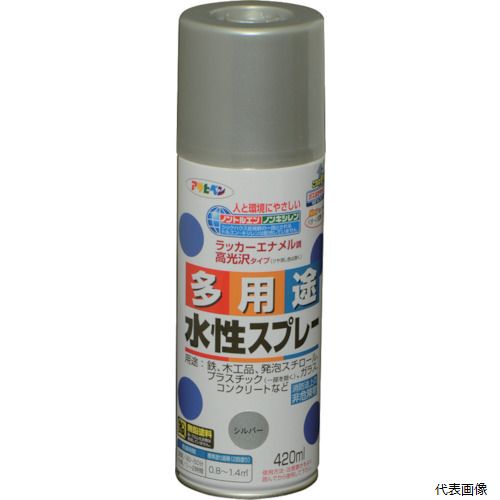 【特長】 ●タレにくく、きれいに仕上がります。 ●油性塗料や発泡スチロールに塗っても下地を侵さず、いろいろな素材に使用できます。 【用途】 ●発泡スチロール、プラスチック（アクリル、硬質塩ビ、ABS、スチロール）、鉄、木、コンクリート、紙、ガラスなどに。 【仕様】 ●色：シルバー ●容量(L)：0.42 ●乾燥時間：40分〜50分(夏期)、1〜2時間(冬期) ●塗り重ね回数：2 ●塗布面積(［［M2］］)：0.8〜1.5(タタミ0.5〜0.9枚分) ●塗布面積：0.8〜1.4［［M2］］ ●だ円吹き(パターン変更ノズル付) 【材質／仕上】 ●水溶性アクリル樹脂 【注意】 ● 【保管上の注意】直射日光のあたるところ、自転車内などの温度の高くなるところ、容器がさびやすいことろには置かないで下さい。 【入数】 ●1本 他のサイズはこちら 在庫のない商品は検索に表示されない場合がございます