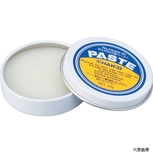 【特長】 ●鉛フリーはんだにも対応し優れた「はんだ拡がり性」と「ぬれ性」を実現したペーストです。 ●はんだ付け性が悪い鉛フリーはんだでも良好なはんだ付けが可能です。 ●鉛フリーはんだを使うことが多くなってきたステンドグラスやアクセサリー製作時にも最適です。 【用途】 ●板金用フラックス（ペーストタイプ） 【仕様】 ●品名：ハッコーペースト ●容量(g)：20 ●内容量(g)：20 ●ペースト状 ●はんだ付けできない金属：基板、アルミ、チタン、ステンレス、クロム、鉄、真鍮鋳物、砲金 ●はんだ付けできる金属：ブリキ、トタン、真鍮、銅、鉛、ニッケル 【材質／仕上】 ●ワセリン（75〜85％） ●塩化亜鉛（5〜15％） ●水（5％以下） ●塩化アンモニウム（5％以下） ●固形パラフィン（5〜15％） 【注意】 ●電気・電子関係のはんだ付けには使用しないでください。 【入数】 ●1個 他のサイズはこちら 在庫のない商品は検索に表示されない場合がございます　