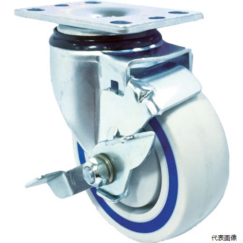 【特長】 ●ナイロンホイールの間にゴム材質素材を挿入したサンドイッチ構造の採用により、ナイロンキャスターの耐久性と、ゴムキャスターの適度な弾力の両者を両立させた、画期的なキャスターです。 【用途】 ●始動性が優れて、凹凸床の使われる工具箱、ガレージ箱に適しています。 【仕様】 ●許容荷重(daN)：132 ●許容荷重(kgf)：135 ●車輪径D(mm)：125 ●車輪幅(mm)：36 ●取付高H(mm)：155 ●取付座A(mm)：95 ●取付座B(mm)：64 ●取付ピッチX(mm)：76 ●取付ピッチY(mm)：45 ●取付穴径P(mm)：8 ●タイプ：自在式(ストッパー付) ●プレート式 ●自在式(ストッパー付) 【材質／仕上】 ●金具：スチール ●金具表面処理：三価亜鉛メッキ ●車輪：ナイロン＋ゴム 【入数】 ●1個 他のサイズはこちら 在庫のない商品は検索に表示されない場合がございます
