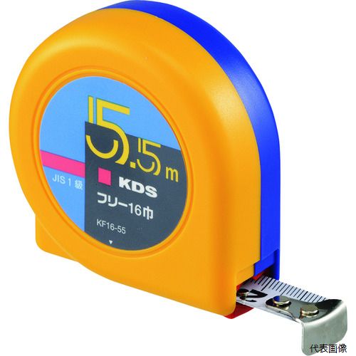 【特長】 ●引っ掛け測定、押付け測定両方に使える移動爪です。 ●フリー丸型コンベックスの基本型、コンパクトタイプです。 【用途】 ●あらゆる寸法測定に。 ●テープ長さ(m)：5.5 ●テープ幅(mm)：16 ●水平保持(m)：1.3 ●目盛仕様：JIS1級メートル目盛 ●爪仕様：0点補正移動爪 ●0点補正移動爪：○ ●455ピッチ表示：○ ●ショックアブソーバー：あり ●色：イエロー＆ブルー ●テープ色：ホワイト ●本体寸法(mm)：64×64×25 ●ベルトフックなし ●フリータイプ ●片面目盛 ●減速ボタン：なし ●ブリスターパック入 【材質／仕上】 ●テープ：スチール ●ばね：スチール ●ケース：ABS樹脂 【注意】 ●パック包装と個箱は包装形態が異なるだけで製品仕様は同じです。 【入数】 ●1個 他のサイズはこちら 在庫のない商品は検索に表示されない場合がございます　