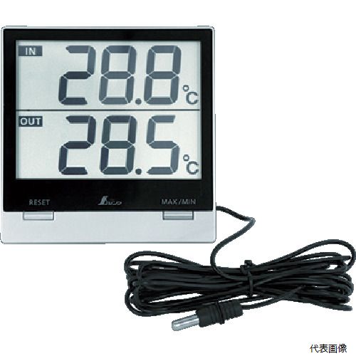 【特長】 ●見やすい液晶表示を採用しています。 ●スタイリッシュな外観で、こだわりの空間にジャストフィットします。 ●防水仕様の外部センサー（コード長3m）付きです。 【用途】 ●室内外の温度管理に使用する温度計。 ●測定温度範囲(℃)：-5〜50(IN)-50〜70(OUT) ●温度最小表示(℃)：0.1 ●電源(V)：モニター用単4乾電池×1本(付属) ●幅(mm)：102 ●奥行(mm)：18 ●高さ(mm)：103 ●測定温度範囲(℃)IN/OUT：-5〜50/-50〜70 ●温度表示範囲(℃)：-5〜50(IN)-50〜70(OUT) ●電源：モニター用単4乾電池×1本(付属) ●測定精度(℃)：±1(0〜40)、±2(それ以外)。 ●防水仕様外部センサーコード長：3m ●測定間隔10秒 ●防水構造：温度センサー部IPX7 【材質／仕上】 ●本体：ABS樹脂 ●外部センサー：ステンレス、塩化ビニル樹脂 【入数】 ●1個 他のサイズはこちら 在庫のない商品は検索に表示されない場合がございます　