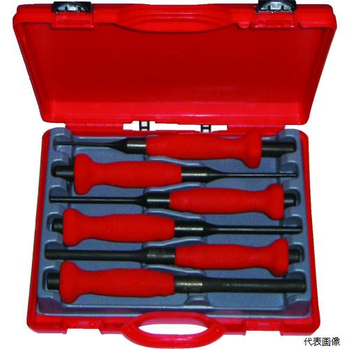 【特長】 ●エアーグリップハンドル付き平行ピンポンチの6本セットです。 ●フランス製の高品質な平行ピンポンチです。 ●エアーグリップハンドルが衝撃と振動を抑えます。 ●プラスチックハードケース付きです。 【仕様】 ●先端径(mm)：2-3-4-5-6-8 ●色：赤 ●セット内容(mm)：2、3、4、5、6、8 ●セット内容(本)：6 ●セット内容：20420-2、3、4、5、6、8 ●丸胴タイプ 【材質／仕上】 ●クロムバナジウム鋼 ●ハンドル：プラスチック 【セット内容／付属品】 ●プラスチックハードケース 【入数】 ●1S 他のサイズはこちら 在庫のない商品は検索に表示されない場合がございます　