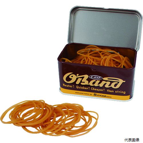 【特長】 ●どこか懐かしいブリキ缶に入ったオーバンドです。 ●保管に便利で補充しながらずっと使えます。 ●かわいい手のひらサイズの缶です。 【用途】 ●包装用、結束用。 ●色：アメ色 ●番手(#)：16 ●切幅(mm)：1.1 ●折径(mm)：60 ●厚さ(mm)：1.1 ●包装形態：ブリキ缶入 ●内径(mm)：38 ●缶のサイズ：W92.5×D57×H48mm ●1缶の重量：約84g 【材質／仕上】 ●天然ゴム ●缶：ブリキ缶 【入数】 ●1缶/205本 他のサイズはこちら 在庫のない商品は検索に表示されない場合がございます　