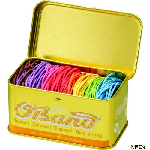 【特長】 ●インパクトのあるオーバンドゴールド缶です。 ●8色のカラフルな輪ゴムがミックスされています。 ●かわいい手のひらサイズの缶です。 【用途】 ●包装用、結束用。 ●色：8色ミックス ●番手(#)：16 ●切幅(mm)：1.1 ●折径(mm)：60 ●厚さ(mm)：1.1 ●包装形態：ゴールド缶入 ●8色：チョコレート・ライトブルー・ライトグリーン・オレンジ・ピンク・レッド・バイオレット・イエロー ●内径(mm)：38 ●缶のサイズ：W92.5×D57×H48mm ●1缶の重量：約86g 【材質／仕上】 ●天然ゴム 【注意】 ●色の数に偏りがあります。 【入数】 ●1缶/193本 他のサイズはこちら 在庫のない商品は検索に表示されない場合がございます　