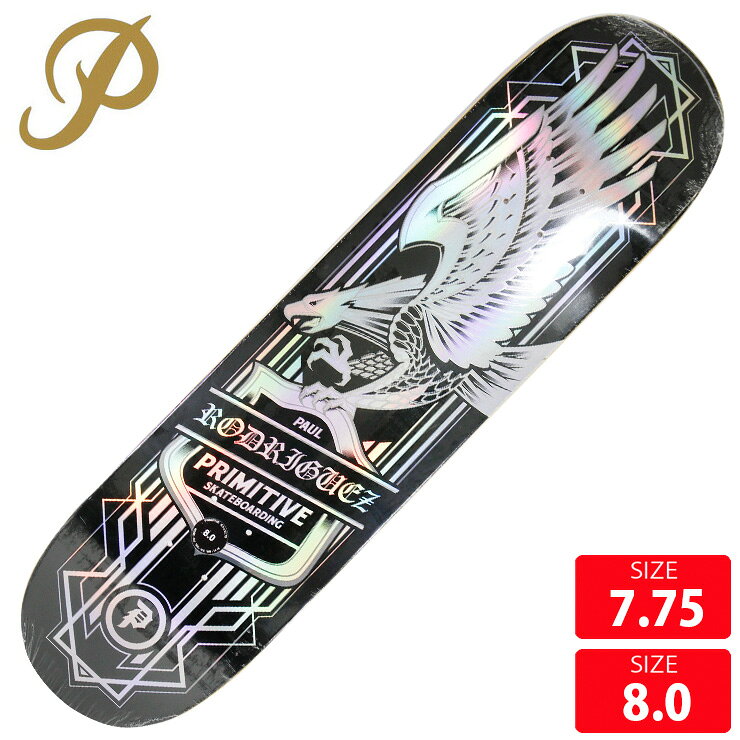 ■BRAND PRIMITIVE/プリミティブ■MODEL:RODRIGUEZ EAGLE SPECTRA■SIZE 7.75 8.07.75:長さ 78.5cm 幅 19.4cm ノーズ 16.8cm テール 16.2cm ホイルベース 35.5cm8.0 :長さ 80.8cm 幅 20.3cm ノーズ 17.8cm テール 17.2cm ホイルベース 36cmお勧めトラックサイズ 8.0：VENTURE 5.2,THUNDER 147, INDEPENDENT 139等お勧めトラックサイズ 8.25：VENTURE 5.6,THUNDER 148, INDEPENDENT 144等[PRIMITIVE] プリミティブ 2008年 ロサンゼルスに常に新しい情報を発信するスケートセレクトブティックとして誕生した「PRIMITIVE」 「スケーターは勿論、スニーカーコレクターやファッションにうるさい奴らの為に 最高の物を提供する事」をコンセプトにスケートやミュージック、アート そしてファッションといった自身達が体現してきたライフスタイル カルチャー から生まれる アイデンティティー"をプロダクトに落とし込むライフスタイルブランド。 PRIMITIVE SKATEBOARDSではプロスケーターPaul・Rodriguez ポール・ロドリゲス が ヘッドスケーターを務め カリフォルニアから今や世界的に人気を博している。 2PAC、Nike、adidas、VANS、etc...などコラボアイテムも定期的にリリースするなど要注目ブランド。