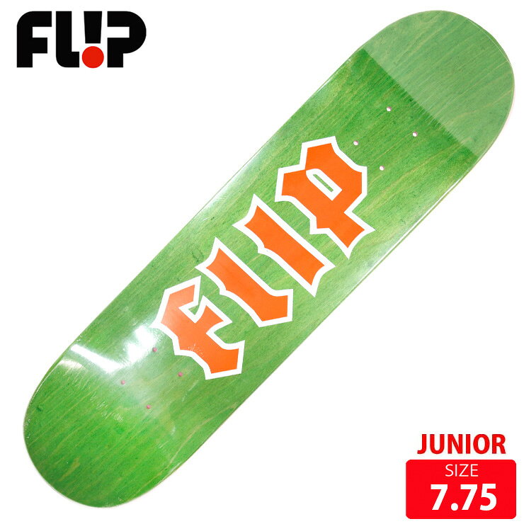 BRAND:FLIP/フリップ MODEL:LTD CANCELED ORANGE LOGO■SPEC 7.75 ホイルベース短め ジュニアにも長さ 75.2cm 幅 19.7cm ノーズ 17.2cm テール 16.3cm ホイルベース 33cm選べるグリップテープ付きTAPE：JESSUP ,MOBGRIP ,PITBULLより選んでいただけます[FLIP]フリップ イギリスからブランドをスタートさせ、社長Jeremy FoxによりDeathboxという名前で創立。 その後 Geoff Rowley、Tom Penny、Rune Glifberg、Andy Scottらが、 アメリカ カリフォルニアに移り、チーム名を「Flip」に改名。 伝説のスケーターのTom Pennyは、全世界のスケーターの憧れとなっている一人。現在も活躍し、彼のの持つ重力を感じさせない浮遊感のあるスタイルと、どんなシチュエーションにも対応できる完璧な回しトリックは、現役のプロスケーターのファンも多いことでも有名。現在では世界一のスケートチームと言われている。またFLIPのアマになるのは、他のブランドのプロになるより難しいほどの実力者揃い。 業界屈指の実力派ライダーが在籍し、素晴しい作品を世に送り出し続けている。次世代スーパースターのDavid GonzalezやLuan Oliveiraの目まぐるしい活躍や、一度はチームを離れまたカムバックしてきたArto Saari 話題の絶えないFLIPチームから目が離せない
