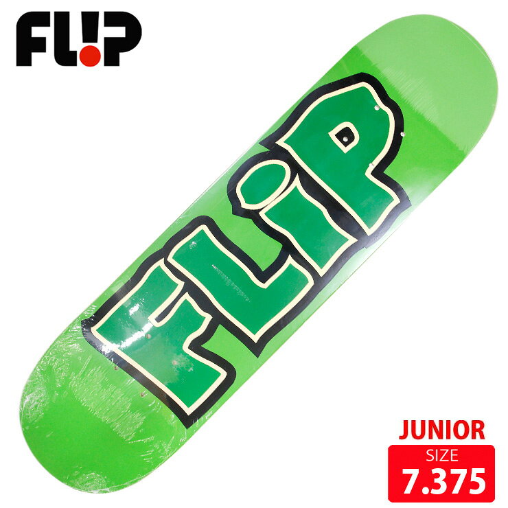 BRAND:FLIP/フリップ MODEL:LTD MELTODOWN GREEN■SPEC 7.375 ホイルベース短め ジュニアにお勧め！長さ 74.8cm 幅 18.7cm ノーズ 16.8cm テール 16.3cm ホイルベース 33cm選べるグリップテープ付きTAPE：JESSUP ,MOBGRIP ,PITBULLより選んでいただけます[FLIP]フリップ イギリスからブランドをスタートさせ、社長Jeremy FoxによりDeathboxという名前で創立。 その後 Geoff Rowley、Tom Penny、Rune Glifberg、Andy Scottらが、 アメリカ カリフォルニアに移り、チーム名を「Flip」に改名。 伝説のスケーターのTom Pennyは、全世界のスケーターの憧れとなっている一人。現在も活躍し、彼のの持つ重力を感じさせない浮遊感のあるスタイルと、どんなシチュエーションにも対応できる完璧な回しトリックは、現役のプロスケーターのファンも多いことでも有名。現在では世界一のスケートチームと言われている。またFLIPのアマになるのは、他のブランドのプロになるより難しいほどの実力者揃い。 業界屈指の実力派ライダーが在籍し、素晴しい作品を世に送り出し続けている。次世代スーパースターのDavid GonzalezやLuan Oliveiraの目まぐるしい活躍や、一度はチームを離れまたカムバックしてきたArto Saari 話題の絶えないFLIPチームから目が離せない