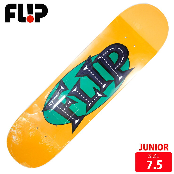 BRAND:FLIP/フリップ MODEL:LTD OVAL LOGO TEAL/YEL■SPEC 7.5 ホイルベース短め ジュニアにお勧め！長さ 74.8cm 幅 19.1cm ノーズ 16.8cm テール 16.3cm ホイルベース 33cm選べるグリップテープ付きTAPE：JESSUP ,MOBGRIP ,PITBULLより選んでいただけます[FLIP]フリップ イギリスからブランドをスタートさせ、社長Jeremy FoxによりDeathboxという名前で創立。 その後 Geoff Rowley、Tom Penny、Rune Glifberg、Andy Scottらが、 アメリカ カリフォルニアに移り、チーム名を「Flip」に改名。 伝説のスケーターのTom Pennyは、全世界のスケーターの憧れとなっている一人。現在も活躍し、彼のの持つ重力を感じさせない浮遊感のあるスタイルと、どんなシチュエーションにも対応できる完璧な回しトリックは、現役のプロスケーターのファンも多いことでも有名。現在では世界一のスケートチームと言われている。またFLIPのアマになるのは、他のブランドのプロになるより難しいほどの実力者揃い。 業界屈指の実力派ライダーが在籍し、素晴しい作品を世に送り出し続けている。次世代スーパースターのDavid GonzalezやLuan Oliveiraの目まぐるしい活躍や、一度はチームを離れまたカムバックしてきたArto Saari 話題の絶えないFLIPチームから目が離せない