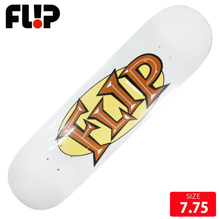 BRAND:FLIP/フリップ MODEL:LTD OVAL LOGO MUST/WHT■SPEC 7.75 ホイルベース短め ジュニアにも長さ 74.7cm 幅 19.6cm ノーズ 16.8cm テール 16.3cm ホイルベース 33cm選べるグリップテープ付きTAPE：JESSUP ,MOBGRIP ,PITBULLより選んでいただけます[FLIP]フリップ イギリスからブランドをスタートさせ、社長Jeremy FoxによりDeathboxという名前で創立。 その後 Geoff Rowley、Tom Penny、Rune Glifberg、Andy Scottらが、 アメリカ カリフォルニアに移り、チーム名を「Flip」に改名。 伝説のスケーターのTom Pennyは、全世界のスケーターの憧れとなっている一人。現在も活躍し、彼のの持つ重力を感じさせない浮遊感のあるスタイルと、どんなシチュエーションにも対応できる完璧な回しトリックは、現役のプロスケーターのファンも多いことでも有名。現在では世界一のスケートチームと言われている。またFLIPのアマになるのは、他のブランドのプロになるより難しいほどの実力者揃い。 業界屈指の実力派ライダーが在籍し、素晴しい作品を世に送り出し続けている。次世代スーパースターのDavid GonzalezやLuan Oliveiraの目まぐるしい活躍や、一度はチームを離れまたカムバックしてきたArto Saari 話題の絶えないFLIPチームから目が離せない