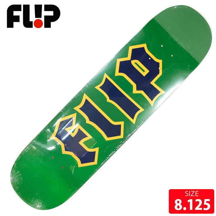 BRAND:FLIP/フリップ MODEL:CANCELLED LOGO GREEN■SPEC 8.125長さ 80.2cm 幅 20.7cm ノーズ 18.5cm テール 17cm ホイルベース 36cm選べるグリップテープ付きTAPE：JESSUP ,MOBGRIP ,PITBULLより選んでいただけます[FLIP]フリップ イギリスからブランドをスタートさせ、社長Jeremy FoxによりDeathboxという名前で創立。 その後 Geoff Rowley、Tom Penny、Rune Glifberg、Andy Scottらが、 アメリカ カリフォルニアに移り、チーム名を「Flip」に改名。 伝説のスケーターのTom Pennyは、全世界のスケーターの憧れとなっている一人。現在も活躍し、彼のの持つ重力を感じさせない浮遊感のあるスタイルと、どんなシチュエーションにも対応できる完璧な回しトリックは、現役のプロスケーターのファンも多いことでも有名。現在では世界一のスケートチームと言われている。またFLIPのアマになるのは、他のブランドのプロになるより難しいほどの実力者揃い。 業界屈指の実力派ライダーが在籍し、素晴しい作品を世に送り出し続けている。次世代スーパースターのDavid GonzalezやLuan Oliveiraの目まぐるしい活躍や、一度はチームを離れまたカムバックしてきたArto Saari 話題の絶えないFLIPチームから目が離せない