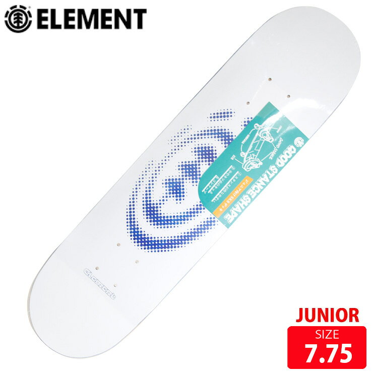 BRAND:ELEMENTMODEL：STENCIL WHITE BLUEELEMENTが開発するジュニア用スケートボードデッキ GOOD STANCE SHAPE足にフィットする、上達のための専用設計」をコンセプトに、上達を加速させる工夫が詰まった1枚。お子様のステップアップに最適な専用設計モデルです。理想のスタンス： 短めの設計で、適切な肩幅での安定した乗り心地を実現。軽い力で跳ねる： 強めのキックにより、脚力の弱いジュニアでもオーリー等のジャンプが容易に。抜群の操作性： 深めのコンケーブで足裏にフィットし、回転技の練習もスムーズメーカー品番：BG027024■SIZE 7.75 (ジュニアサイズ）長さ 75cm 幅 19.5cm ノーズ 17.5cm テール 16.5cm ホイルベース 31.5cmお勧めトラック サイズ:THUNDER 145 ,ACE選べるグリップテープ付き【ELEMENT ブランドストーリー】ストリートスケート創世記のプロライダーとして活躍したJohnny Schillereff（ジョニー・シラレフ）が、1992年に設立。先見の目で若い才能をいち早く引き上げ、多くのレジェンドスケーターを輩出することで、シーンを引率するスケートボードブランドへと成長を果たしていく。ELEMENTは社会意識の高いポジティブなブランドとして、ロゴデザインに半永久的に地球上に生き続ける木を、さらに宇宙の基本構成要素と考えられるWIND、WATER、FIRE、EARTHの4つをメインコンセプトに掲げている。 大自然の中にスケートキャンプを運営し、青少年を育成する非営利団体ELEMENTAL AWARENESSや、クリエイティブな人材で展開するプロジェクトADVOCATE PROGRAMなど、スケートボードを通じて社会貢献する活動にも積極的に取り組み、現在では世界中で愛されるスケートボードブランドとして人気を博している。