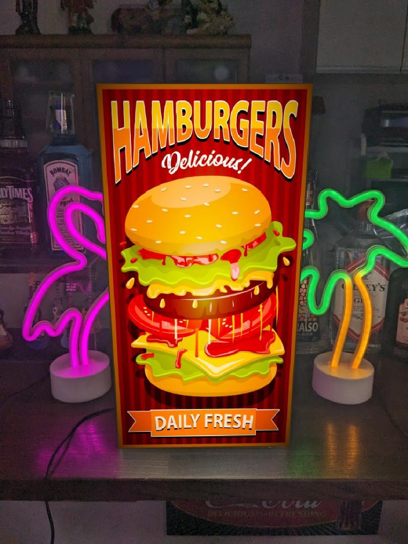 【Lサイズ】ハンバーガー カフェ バー ダイナー ファーストフード デリシャス 喫茶 OPEN アメリカン雑貨 インテリア 装飾 プレゼント 店舗 自宅 屋台 キッチンカー パーティー イベント テーブル カウンター サイン ランプ 照明 看板 置物 雑貨 ライトBOX 電飾看板 電光看板