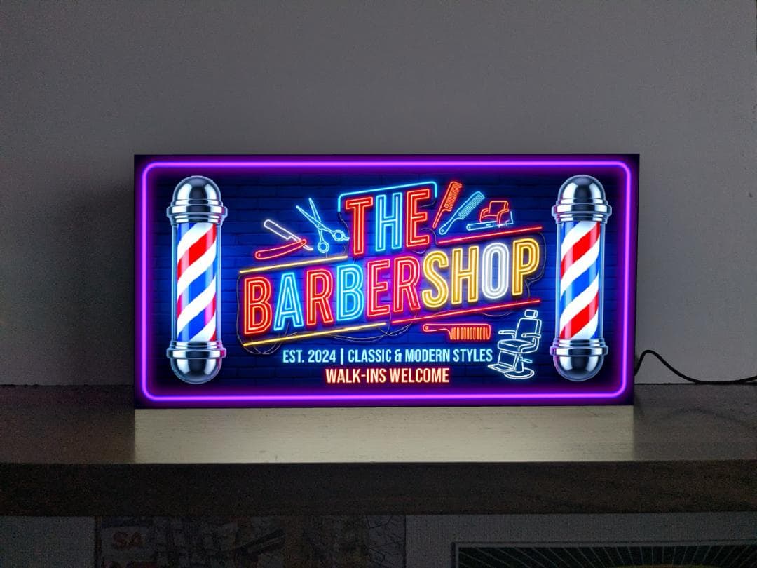Rakuten - 【オーダー無料 Lサイズ】バーバーショップ barber ヘアーサロン 理容室 美容室 床屋 散髪 サインポール カット プレゼント 店舗 自宅 屋台 キッチンカー パーティー イベント テーブル カウンター サイン ランプ 照明 看板 置物 アメリカン雑貨 ライトBOX 電飾看板 電光看板