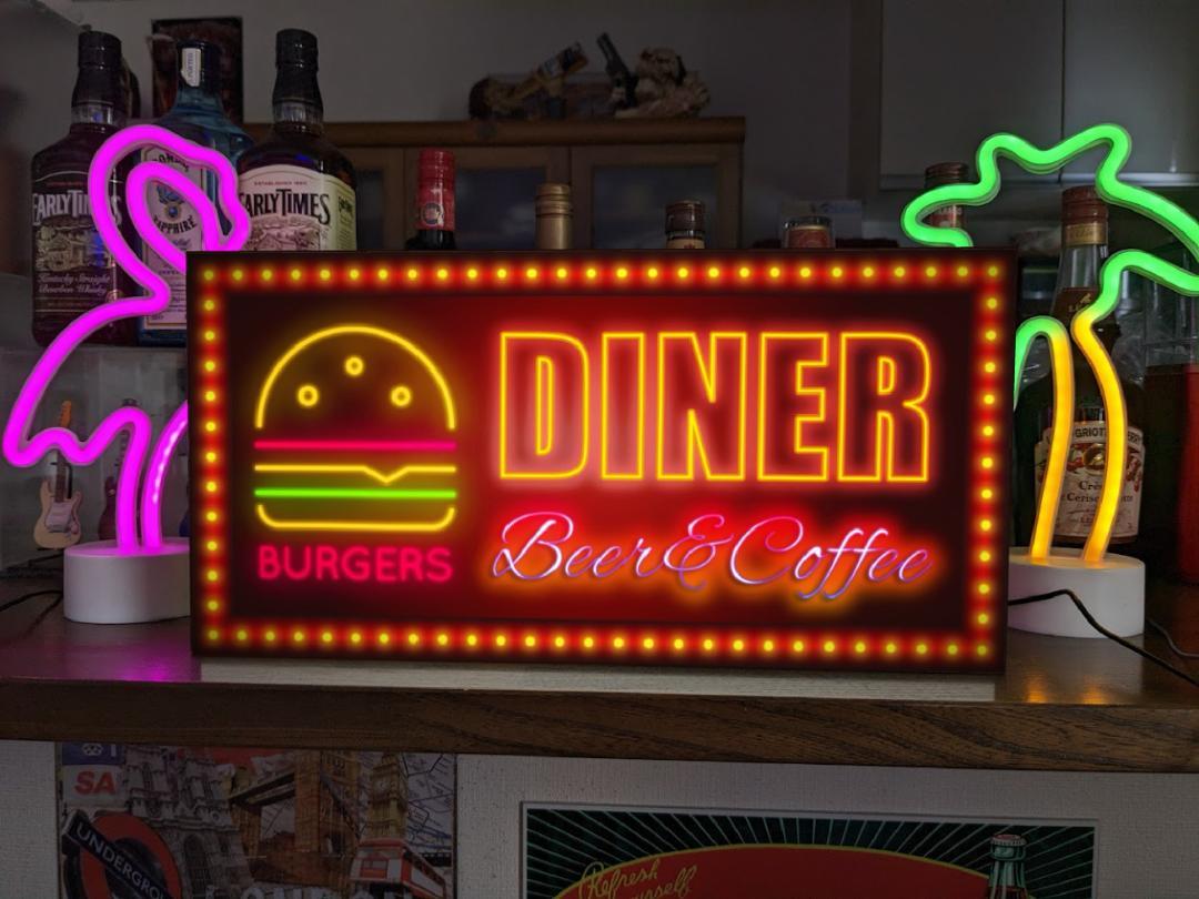 Rakuten - 【Lサイズ】ハンバーガー カフェ バー ダイナー ファーストフード メニュー OPEN アメリカン雑貨 ネオン系 インテリア プレゼント 店舗 自宅 屋台 キッチンカー パーティー イベント テーブル カウンター サイン ランプ 照明 看板 置物 雑貨 ライトBOX 電飾看板 電光看板
