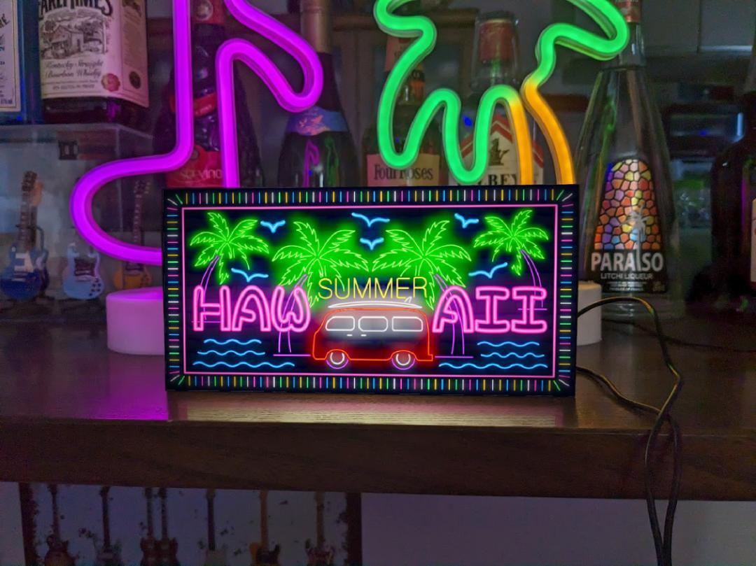 【Sサイズ】ハワイ アロハ ビーチ ヤシの木 トロピカル 海 夏 南国 ワーゲンバス ワゴン車 サーフィン ネオン系 パブ プレゼント 店舗 自宅 屋台 キッチンカー パーティー イベント テーブル カウンター サイン ランプ 照明 看板 置物 雑貨 ライトBOX 電飾看板 電光看板