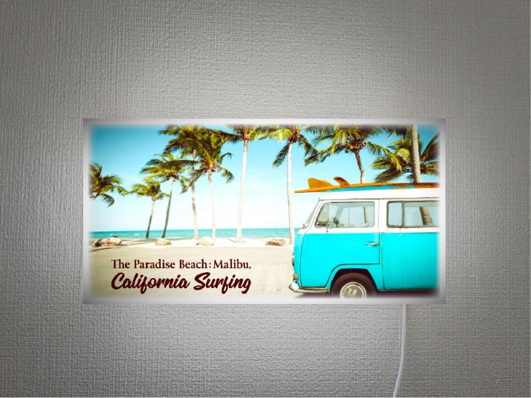 【Lサイズ 壁掛け オーダー無料】カリフォルニア ワーゲンバス サーフィン ビーチ 海 海岸 砂浜 ヤシの木 景色 フォト 写真 アメリカン雑貨 プレゼント 店舗 自宅 パーティー イベント テーブル カウンター サイン ランプ 照明 看板 置物 雑貨 ライトBOX 電飾看板 電光看板