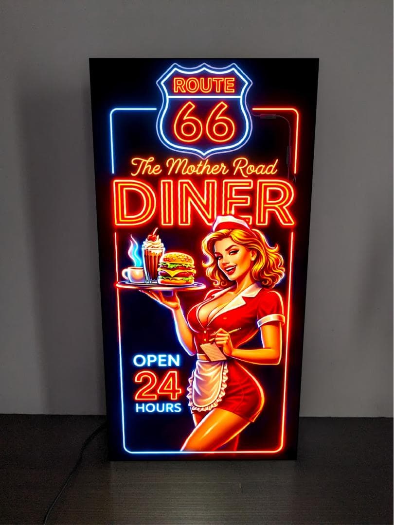 【表示フルオーダー無料 Lサイズ】ROUTE66 ルート66 マザーロード ダイナー セクシー ピンナップガール カフェ プレゼント 店舗 自宅 屋台 キッチンカー パーティー イベント テーブル カウンター サイン ランプ 照明 看板 置物 アメリカン雑貨 ライトBOX 電飾看板 電光看板