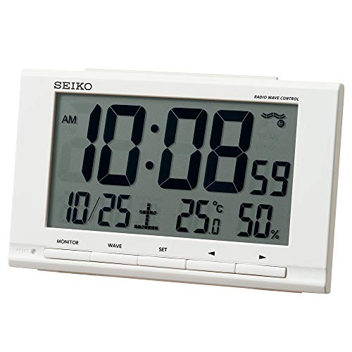 セイコークロック Seiko Clock 置き時計 白 本体サイズ:9.1 14.8 4.7cm 目覚まし時計 電波 デジタル カレンダー 温度 湿度 表示 SQ789W