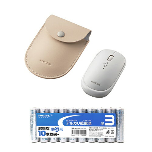 エレコム BlueLEDマウス/薄型/Bluetooth対応/4ボタン/ポーチ付/ホワイト + アルカリ乾電池 単3形10本パックセット M-TM10BBWH+HDLR6/1.5V10P