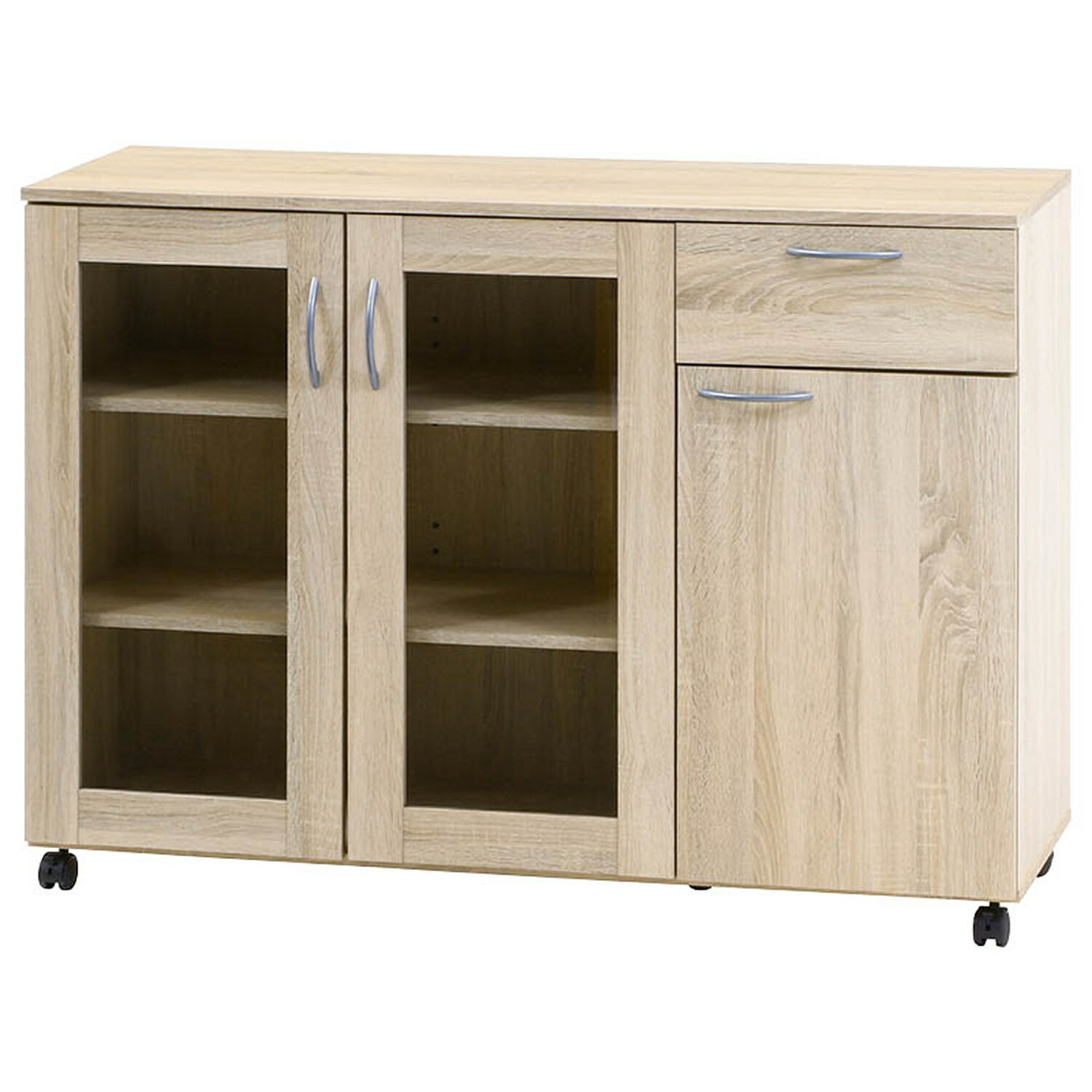 キッチン収納キャビネット 115×40 木製 キャスター ナチュラルテイスト 木目 おしゃれ シンプル サイドキャビネット サイドボード サイドラック リビング収納 北欧 カントリー(3)