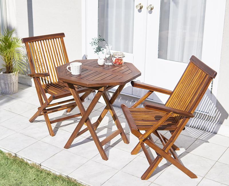 (送料無料) ガーデン テーブル セット 3点セットC(テーブル八角形 幅70＋チェア（肘有）×2) 折りたたみ チーク天然木 折りたたみ式本格派リビングガーデンファニチャー フォーン ガーデンファニチャーセット 庭 エクステリア テーブルセット ガーデンテーブル 折り畳み