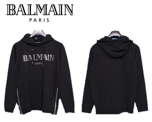 大特価 バルマン BALMAIN PARIS 8296 ブランド パーカー トレーナー スウェット 長袖 メンズ 黒銀 シルバー 秋コーデ 秋服2022